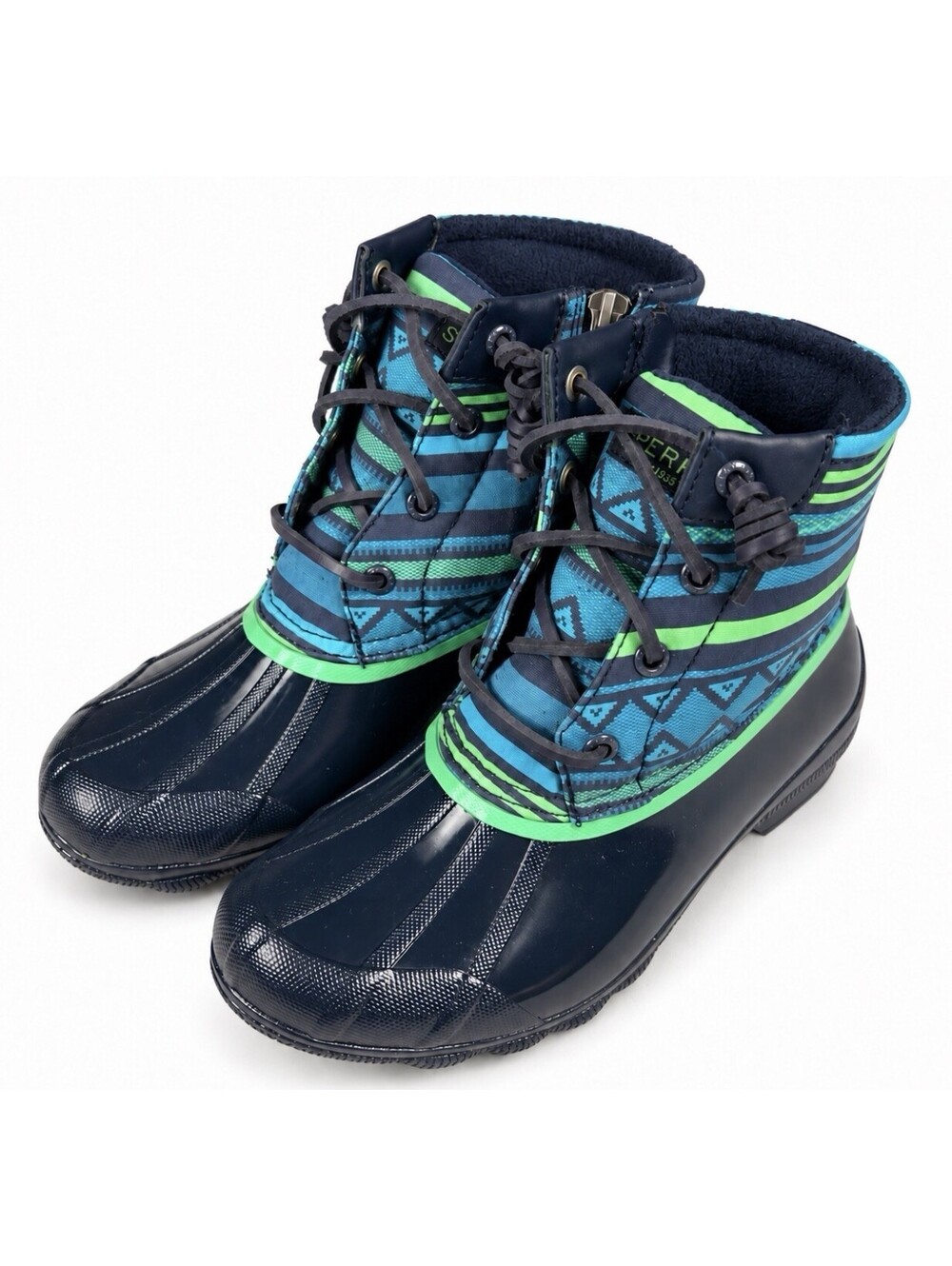 Sperry Syren Gulf Playa Duck Boots Women’s 5M Navy Blue Green Geometric STS87056